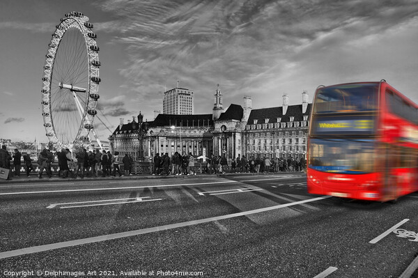Red bus on Westminster bridge, London, UK Picture Board by Delphimages Art