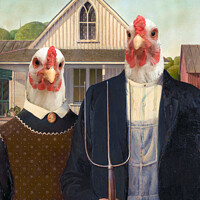 Buy canvas prints of Portrait of chickens  farmers of America Gothic by Delphimages Art