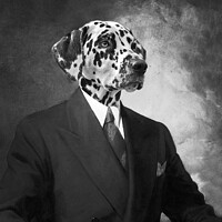 Buy canvas prints of Portrait of a dalmatian dog in a black suit by Delphimages Art