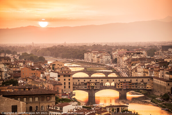 Florence at sunset with the Ponte Vecchio, Italy Picture Board by Delphimages Art