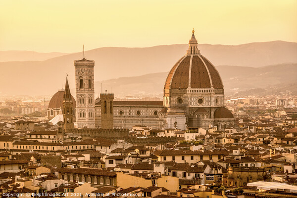Aerial view of Florence at sunset with the Duomo Picture Board by Delphimages Art