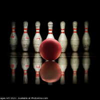 Buy canvas prints of Strike, bowling ball and pins aligned on black  by Delphimages Art