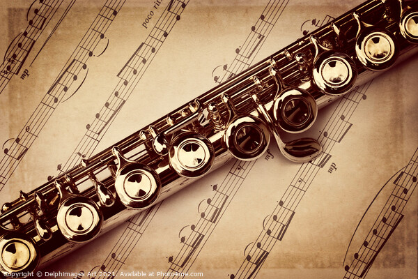 Flute vintage style, sheet music background Picture Board by Delphimages Art