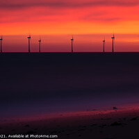 Buy canvas prints of Electric. Orange dawn with wind farm and beach by Martin Tosh