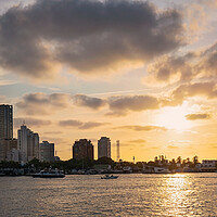 Buy canvas prints of Scenic Cartagena bay (Bocagrande) and city skyline at sunset by Elijah Lovkoff