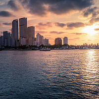 Buy canvas prints of Scenic Cartagena bay (Bocagrande) and city skyline at sunset by Elijah Lovkoff