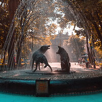 Buy canvas prints of Coyoacan, Mexico City, Mexico, Drinking coyotes statue and fountain in Hidalgo Square in Coyoacan by Elijah Lovkoff