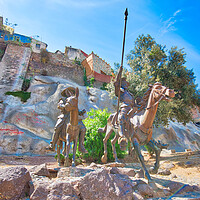 Buy canvas prints of Guanajuato, Mexico, Cervantes monument near the entrance of the old Guanajuato historic city dedicated to Don Quixote, Sancho Panza and other famous characters by Elijah Lovkoff