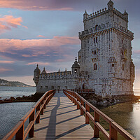 Buy canvas prints of Portugal, Lisbon, Belem Tower at sunset on the bank of the Tagus River by Elijah Lovkoff