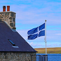 Buy canvas prints of Shetland Flag waving on a typical medieval house in Lerwick downtown and port in Scotland, England by Elijah Lovkoff