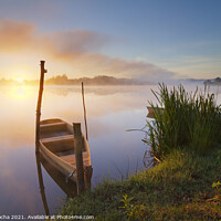 Buy canvas prints of Small boat at sunrise by the lake  by Paulo Rocha