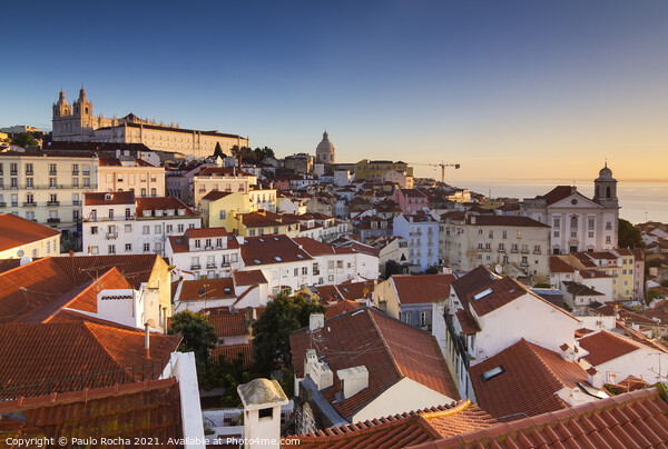 Lisbon cityscape, Alfama district at sunrise Picture Board by Paulo Rocha