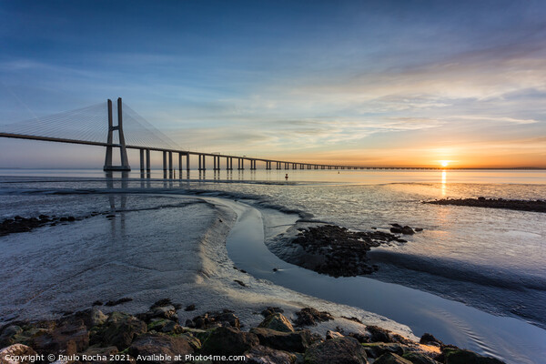Long bridge over tagus river in Lisbon at sunrise Picture Board by Paulo Rocha