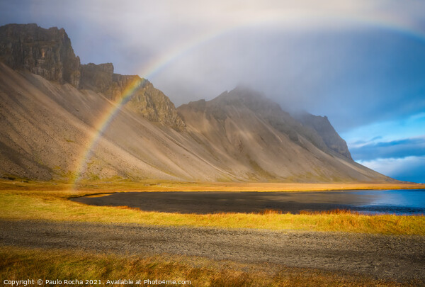 Vestrahorn mountain in stokksnes and rainbow Picture Board by Paulo Rocha