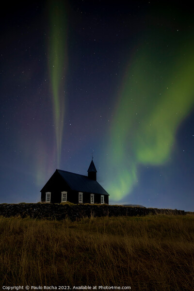 Northern Lights over The Black Church in Budir, Iceland Picture Board by Paulo Rocha