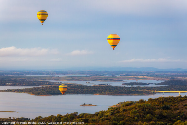 Hot air balloons over the river landscape in Monsaraz, Alentejo, Portugal  Picture Board by Paulo Rocha