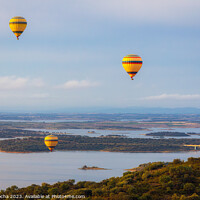 Buy canvas prints of Hot air balloons over the river landscape in Monsaraz, Alentejo, Portugal  by Paulo Rocha