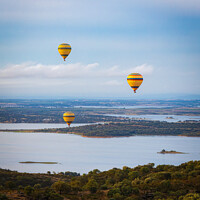 Buy canvas prints of Hot air balloons over the river landscape in Monsaraz, Alentejo, Portugal  by Paulo Rocha