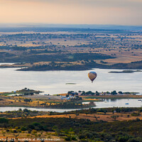 Buy canvas prints of Hot air balloon over Monsaraz river beach, Alentejo, Portugal by Paulo Rocha