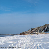 Buy canvas prints of Panoramic view of snowy sea coast by Maria Vonotna