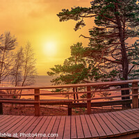 Buy canvas prints of Sunset panorama of wooden path near Baltic sea coast by Maria Vonotna