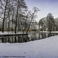 Buy canvas prints of Winter landscape in snowy park with small pond by Maria Vonotna