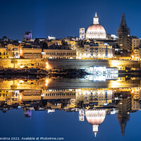 Buy canvas prints of Harbor of Valletta old town at night with reflection by Maria Vonotna