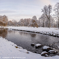 Buy canvas prints of Beautiful small pond with rocks snowy trees by Maria Vonotna