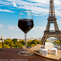 Buy canvas prints of Glass of wine with brie cheese on Eiffel tower in Paris by Maria Vonotna