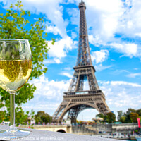 Buy canvas prints of Glass of white wine with Eiffel tower view by Maria Vonotna