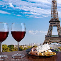 Buy canvas prints of Red wine with snacks against Paris Eiffel tower by Maria Vonotna