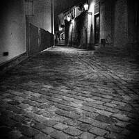 Buy canvas prints of Dark, Moody Cobblestone Alley in Brno by Dietmar Rauscher