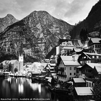Buy canvas prints of Hallstatt Cityscape on a Winter Evening Covered with Snow Black and White by Dietmar Rauscher