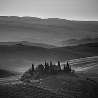 Buy canvas prints of Podere Belvedere Villa in Tuscany at Sunrise Black and White by Dietmar Rauscher