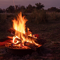 Buy canvas prints of Camp Fire Burning in African Savanna at the Okavango, Africa by Dietmar Rauscher