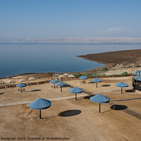 Buy canvas prints of Dead Sea Beach with Parasol Umbrellas in Jordan by Dietmar Rauscher