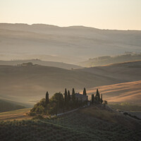 Buy canvas prints of Podere Belvedere Villa in Val d'Orcia, Tuscany, Italy at Sunrise by Dietmar Rauscher