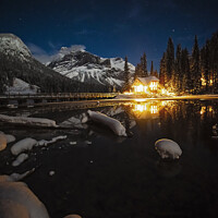 Buy canvas prints of Emerald Lake Lodge at night by Shawna and Damien Richard