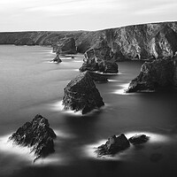 Buy canvas prints of Bedruthan steps Beach Cornwall Black and white by Sonny Ryse