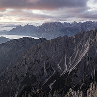 Buy canvas prints of Cadini Peaks Tre Cime di Lavaredo Dolomites Italy aerial at sunr by Sonny Ryse