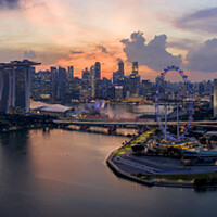 Buy canvas prints of Singapore Skyline sunset aerial by Sonny Ryse