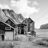 Buy canvas prints of Kjerkfjorden Barn farm black and white Lofoten Islands by Sonny Ryse