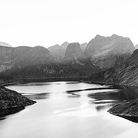 Buy canvas prints of Lake Solbjornvatnet Moskenesoya Lofoten Islands Black and white by Sonny Ryse