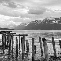 Buy canvas prints of Old fishing Pier Ullsfjorden Fjord Lyngen Alps Black and white T by Sonny Ryse