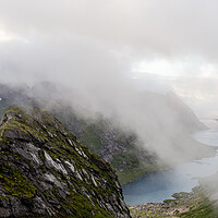 Buy canvas prints of Reinefjorden Mist Storskiva mountain Lofoten Islands by Sonny Ryse