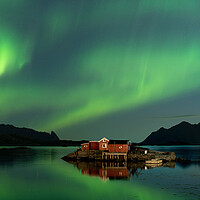 Buy canvas prints of Rorbu Rorbuer Red Fishing Hut Aurora Borealis Northern Lights Lo by Sonny Ryse