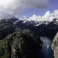 Buy canvas prints of Trollsfjord aerial Lofoten island Vesteralen Norway by Sonny Ryse