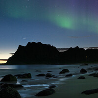 Buy canvas prints of Uttakleiv Beach Aurora Borealis Vestvagoya Lofoten Islands by Sonny Ryse