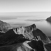 Buy canvas prints of Husfjellet mountain aerial Steinfjorden Senja Island Norway black and white by Sonny Ryse