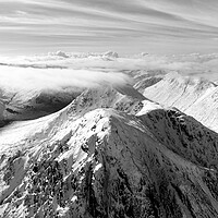Buy canvas prints of Buachaille Etive Mòr Stob Dearg mountain aerial Glencoe Scotland black and white by Sonny Ryse